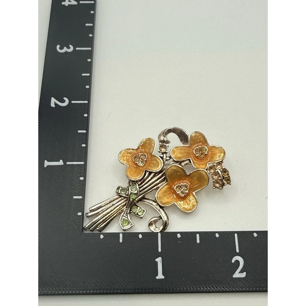 Vintage Pot Metal Brooch Flowers Orange Enamel Rhinestone